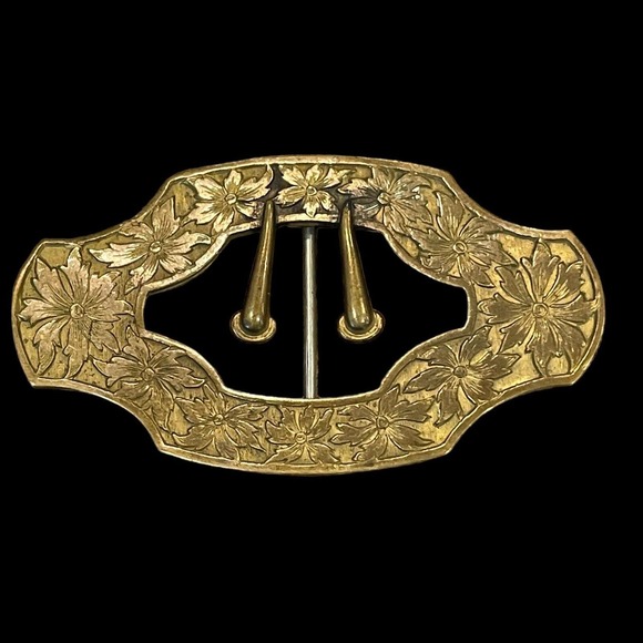 Antique Victorian Buckle Style Sash Pin Brooch Ornate Floral Design Brass - Picture 6 of 8